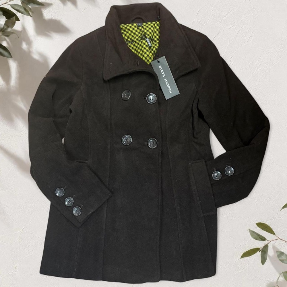 Steve Madden Brown Peacoat Green Plaid Lining Double Breasted Winter Coat Size M